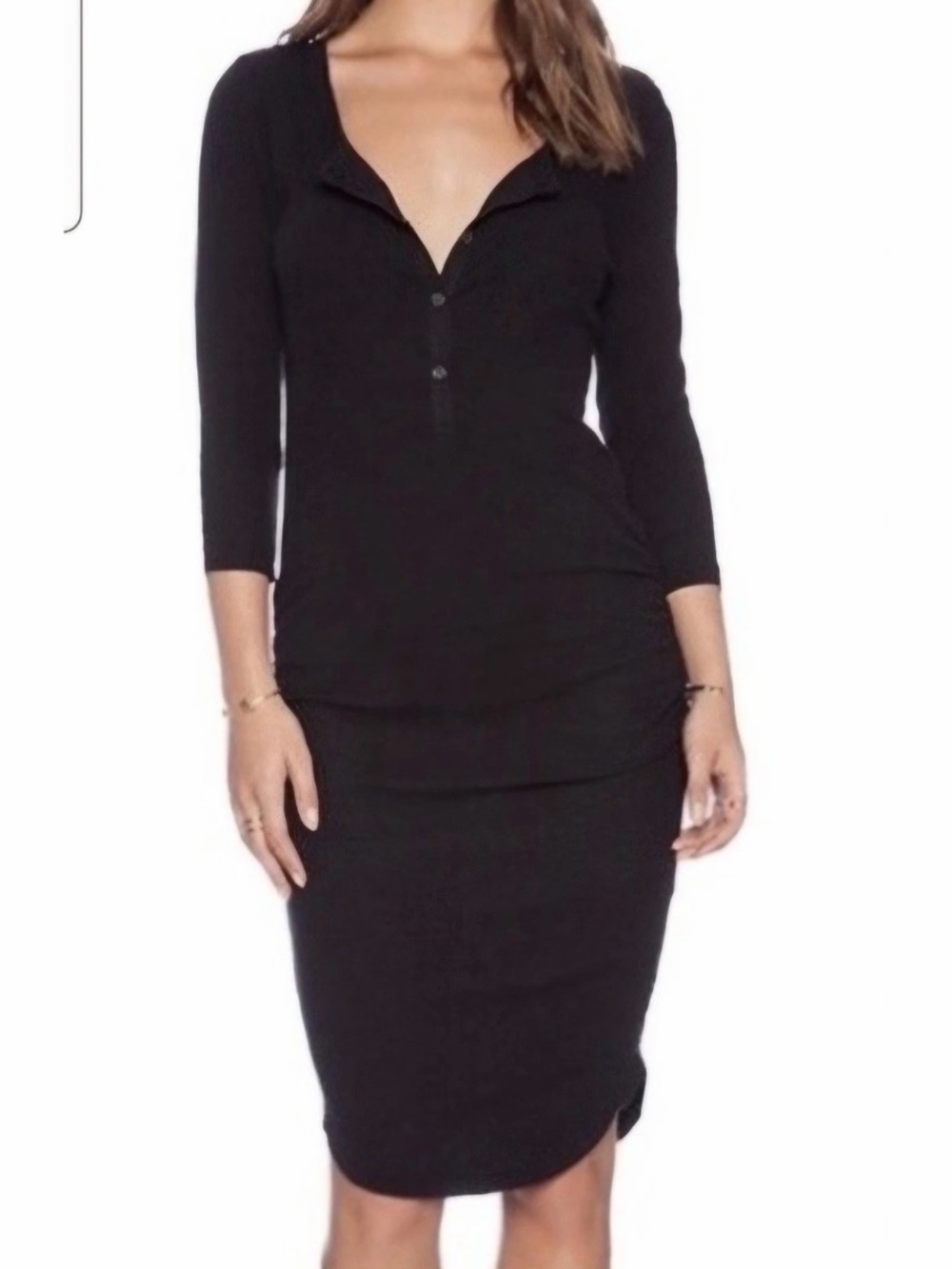James Perse Black Henley Long Sleeve Rouch Sides Bodycon Dress Size 2 or Small